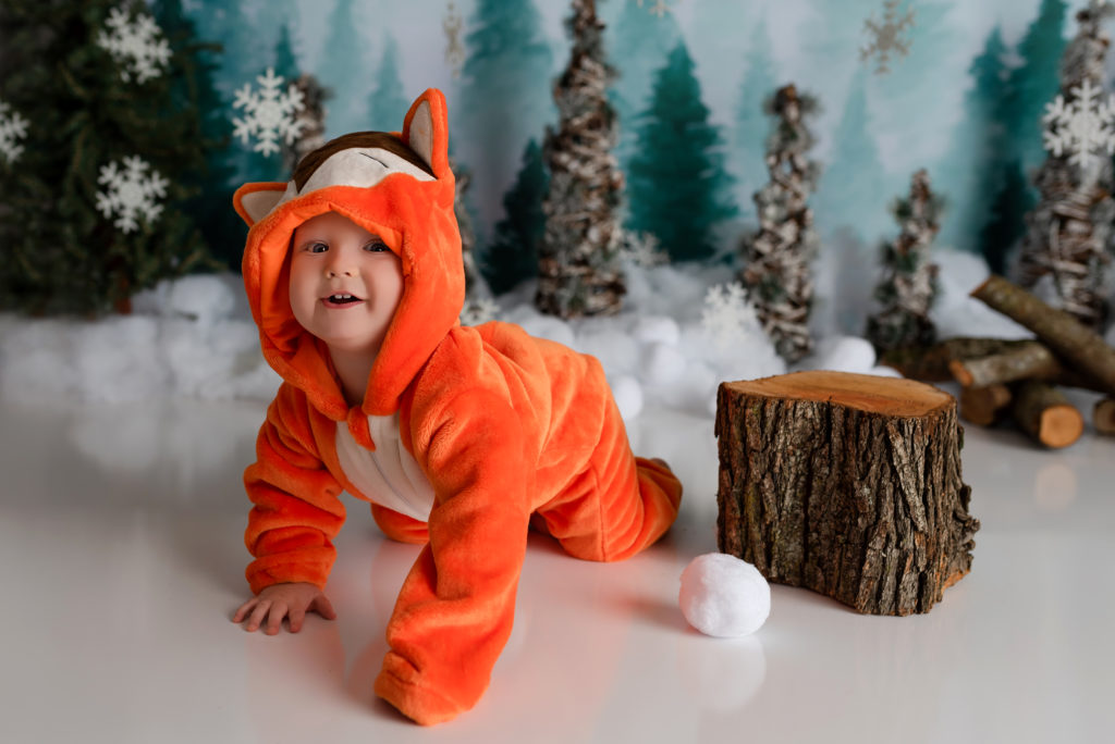Boy in fox costume with tree stump and snowball in studio photography