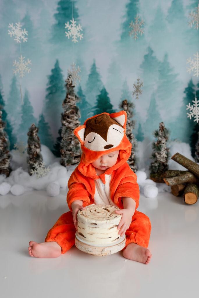 Fox boy with birch tree cake on evergreen backdrop for cakesmash