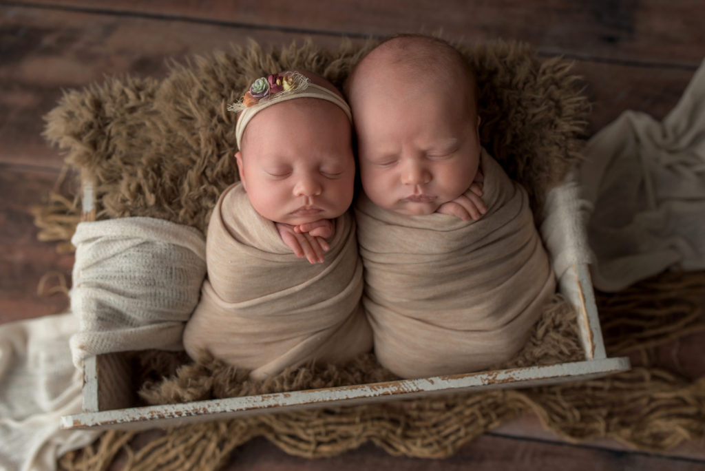 newborn photography, twins in crate swaddled