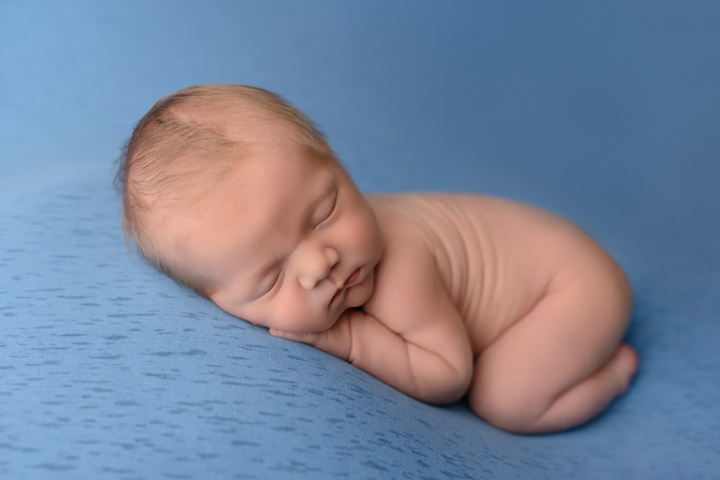 nude newborn posed bum up on blue studio photography
