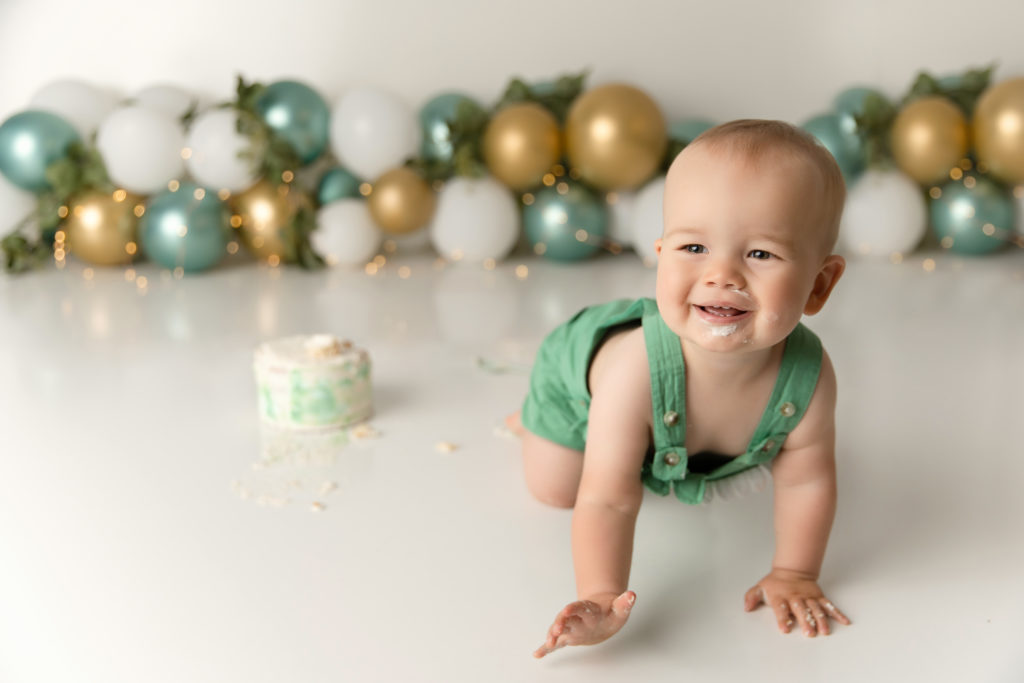 baby boy teal white and gold cake smash