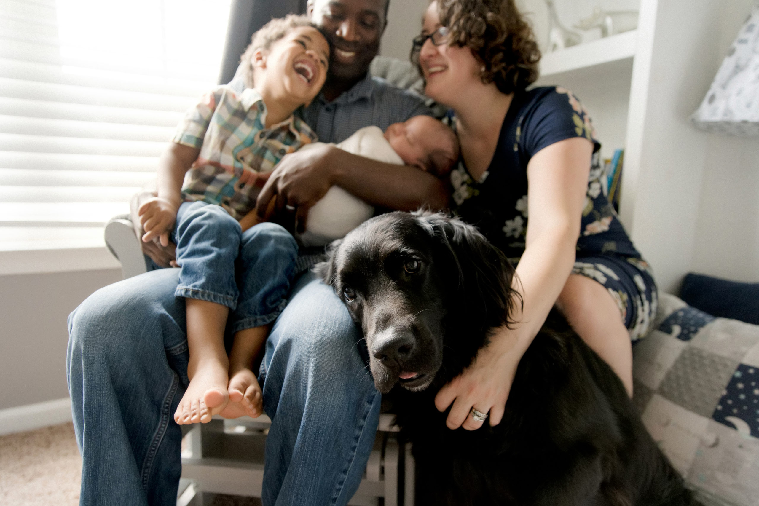 parents with newborn, older sibling and dog