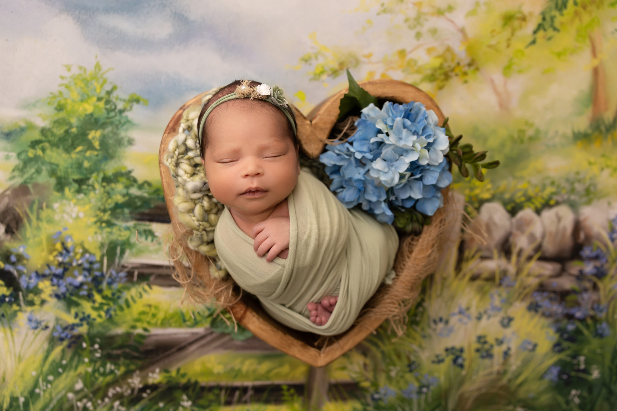 baby girl posed in heart bowl with blue hydrangeas