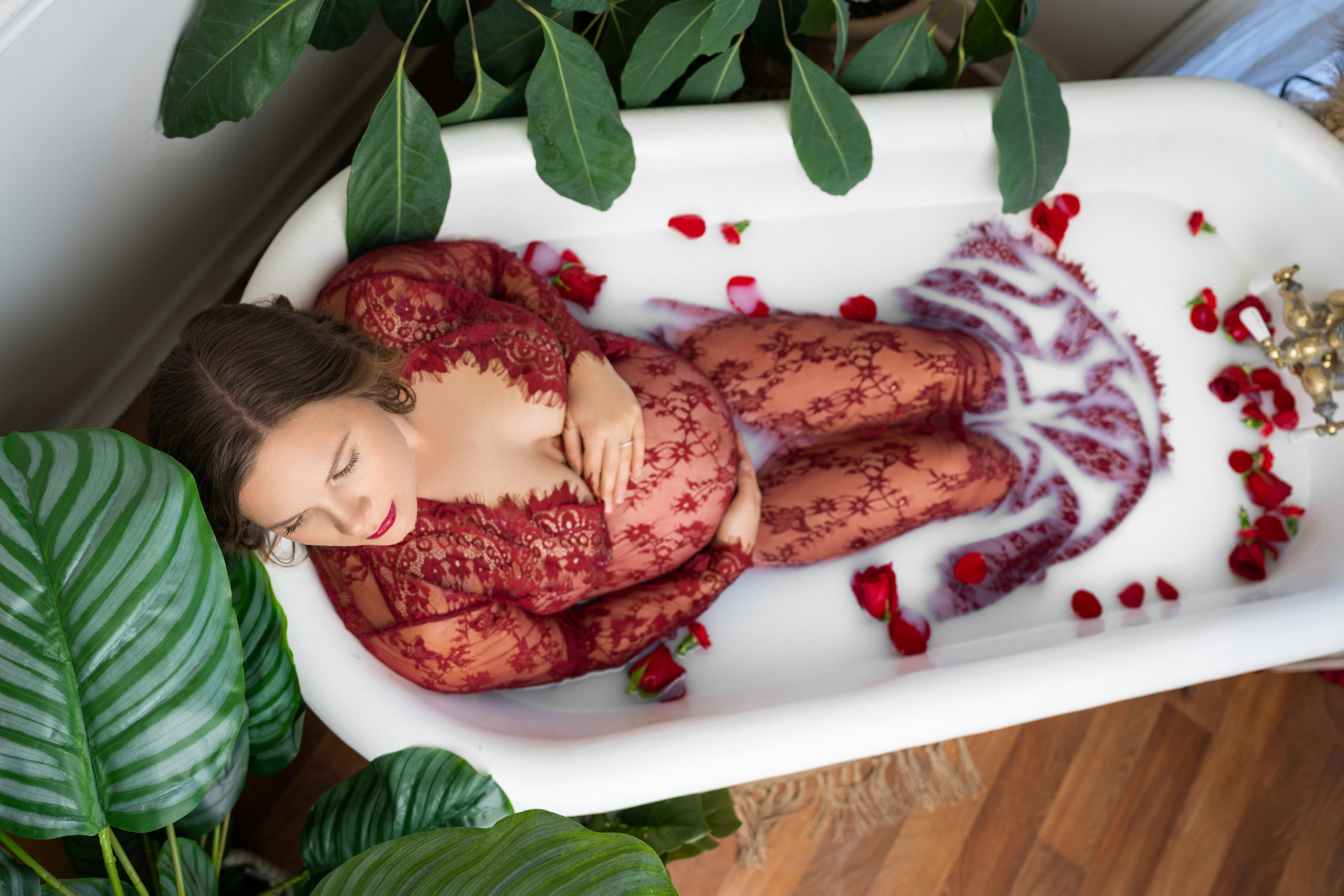 red dress and roses milkbath maternity session