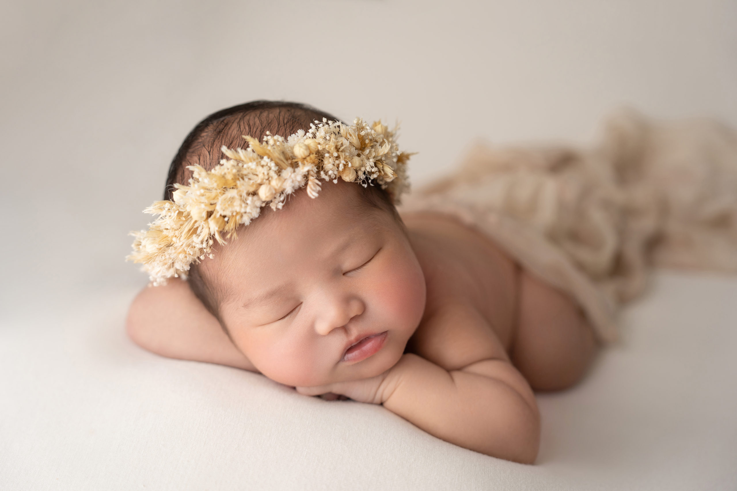 newborn baby girl in neutral session, floral headband
